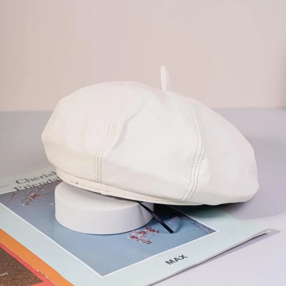 Solid,  white, PU leather  Beret. New.